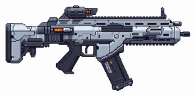 64 bit pixel art of side view of scifi semi-automatic rifle, grey white palette,...