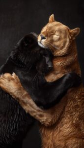 studio photography, hyperrealistic, brown bear and black panther hugging --v 6 -...