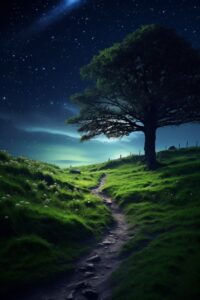 Landscape photography depicting a dark night's journey, in the style of visionar...