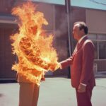 Мэн слева:  у меня для вас горящее предложение!Мэн справа:  сделка огонь, но аа-...