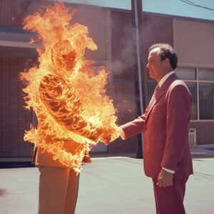 Мэн слева:  у меня для вас горящее предложение!Мэн справа:  сделка огонь, но аа-...