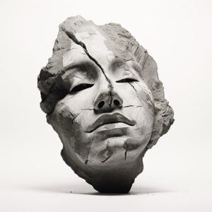 a single rough rock, with two faces immersed halfly into it, of which one is a f...