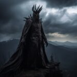 a distant full body photograph of the veiked king of shadows, a mighty pagan kin...