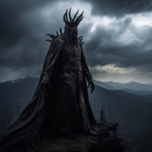a distant full body photograph of the veiked king of shadows, a mighty pagan kin...