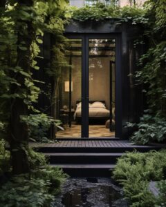 professional photography of a cosy and comfy small garden in a black hotel parti...