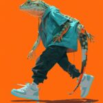 the cover, featuring a lizard walking in sneakers, in the style of benedick bana...