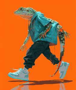 the cover, featuring a lizard walking in sneakers, in the style of benedick bana...