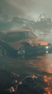 car drown fully underwater, dystopian ambience, fog, photorealistic, film photo,...