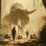 Photography of an small group of archeologists like lara croft with bun and indi...