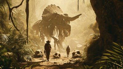 Photography of an small group of archeologists like lara croft with bun and indi...