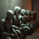 In a dark concrete room, humanoid robots huddle together, creepy lifelike, inner...