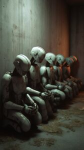 In a dark concrete room, humanoid robots huddle together, creepy lifelike, inner...