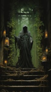 Japanese comics, stone statue is covered in vines, statue hold handbell, white c...