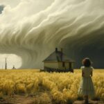 A woman and an immense tornado is seen in the summer sky, in the style of prairi...