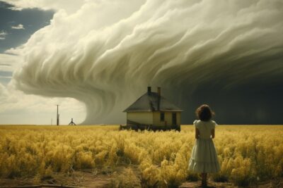 A woman and an immense tornado is seen in the summer sky, in the style of prairi...