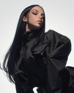 a photorealistic model wearing expensive Haute kevlar Couture giving military hi...