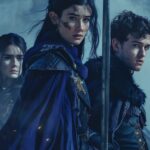 a Netflix cover very realistic photography of three people with indigo cape and ...