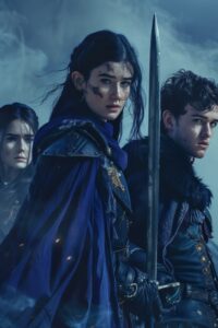 a Netflix cover very realistic photography of three people with indigo cape and ...