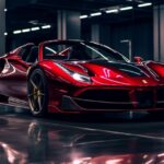 Gloss flip dark red Ferrari 488 GTB spider with Japanese modifications, neon lig...