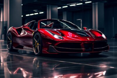 Gloss flip dark red Ferrari 488 GTB spider with Japanese modifications, neon lig...