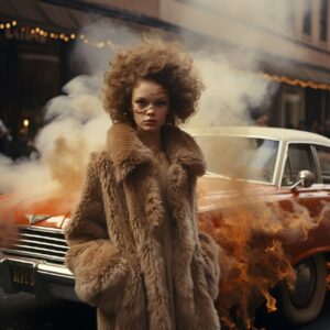 A woman with HORNS in a fur coat on the street in new york as flames fly behind ...