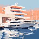A minimalist depiction of a tranquil modern marina with sleek boats --ar 3:4 --v...