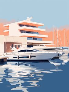 A minimalist depiction of a tranquil modern marina with sleek boats --ar 3:4 --v...