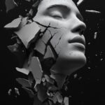 3D model of a face in profile, broken into pieces and flying away from each othe...