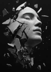 3D model of a face in profile, broken into pieces and flying away from each othe...