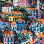 colorful hand drawn low and sparse houses and gardens in Angra do Heroismo, 1450...