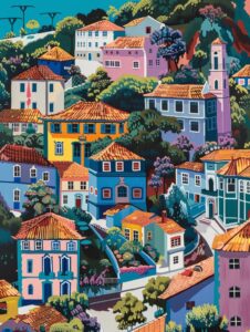 colorful hand drawn low and sparse houses and gardens in Angra do Heroismo, 1450...