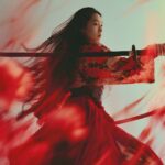 editorial portrait of a modern samurai fairy with katana, motion blur, minimalis...