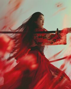 editorial portrait of a modern samurai fairy with katana, motion blur, minimalis...