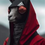 A lama wearing a futuristic military uniform::2.5 Sitting on a rooftop, listenin...