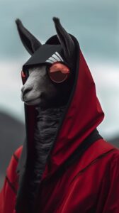 A lama wearing a futuristic military uniform::2.5 Sitting on a rooftop, listenin...