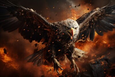 eagle flying fighter a Unmanned aerial vehicle flying through a cloud, in the st...