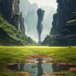 Alien landscape vaulted twisted continents, ancient buildings, temple, terraform...