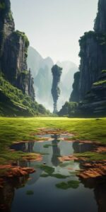 Alien landscape vaulted twisted continents, ancient buildings, temple, terraform...