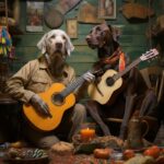 Folk music chesapeake bay retriver playing banjo and a baltimore oriol playing g...