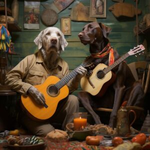 Folk music chesapeake bay retriver playing banjo and a baltimore oriol playing g...