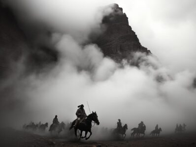 In Daliang Mountain, Sichuan, China, the Yi people's clothing, silhouettes of ho...