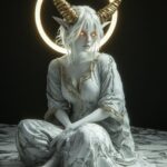 Full body shot of beautiful white skin demon with horns, golden halo above her h...