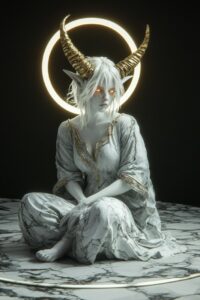 Full body shot of beautiful white skin demon with horns, golden halo above her h...