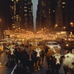 Vintage photo of endless cows on new york city street at night, 1990s --ar 16:9 ...
