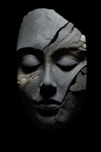 Artwork of a stone woman, black background, in the style of realistic yet styliz...