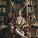 An absurd and hilarious photo with anthropomorphic deer sits on armchair in rena...