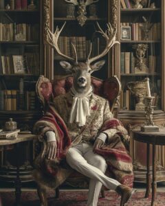 An absurd and hilarious photo with anthropomorphic deer sits on armchair in rena...