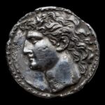 Для нумизматовancient texture face of archaic greek silver coin with head of jan...