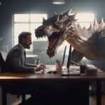 Businessman fighting against dragon in a office, Lifestyle Stock Image Of People...