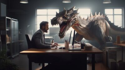 Businessman fighting against dragon in a office, Lifestyle Stock Image Of People...